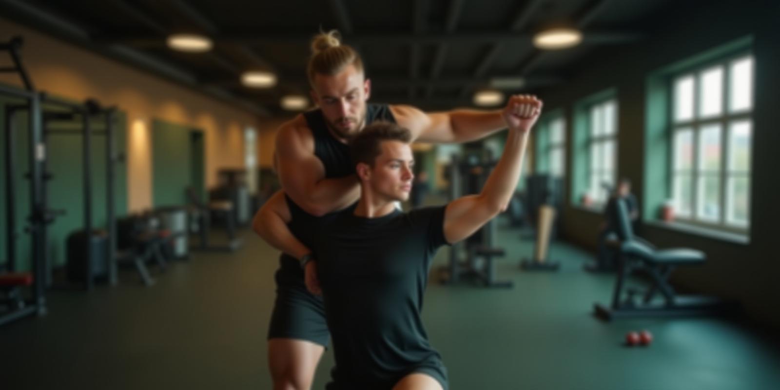 Personal trainer supporting a client during a workout in a modern Manchester fitness studio